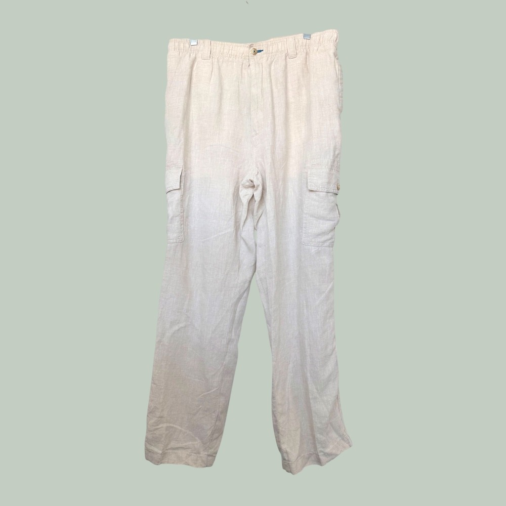 Caribbean Mens 100% Linen Cargo Pants 38x30 Beige Oatmeal Elastic Waist Relaxed